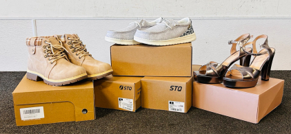 (3) Pairs Of STQ Woman's Arch Support Shoes Size 9, Woman's Anjoufemme Boots Size 8, and Lala Ikai Heels Size 38.5