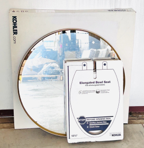 Kohler Essential Round Mirror (Brushed Gold) and New Elongated Toilet Bowl Seat