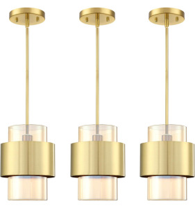 NEW In Box Amazon 3 Pack 1 Light Hanging Indoor Kitchen Island Pendant Light 6" Drum Amber Glass Shade Pendant Ceiling Light Fixtures,Brushed Bronze Finish