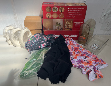 NEW Amazon Items Including (3) Tabletop Tree Lights, Candles, Shelf Decor and Various Womens Clothing Items