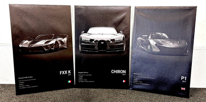 (3) Piece Canvas Car Posters (16"x 24") Bugatti Chiron, Ferrari FXX K Evo, and McLaren P1