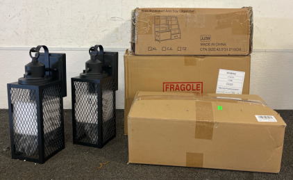 New Amazon Including (2) Outdoor Light Fixtures, Indoor Light Fixture, Kids Bookshelf & Toy Organizer & Outdoor Pillows