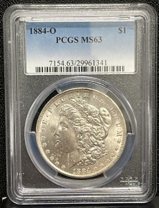 1884-O Morgan Silver Dollar W/ PCGS C.O.A. MS63 Graded And Carded