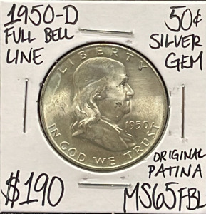 1950-D MS65FBL Full Bell Line Gem Silver Half Dollar Coin (Carded)