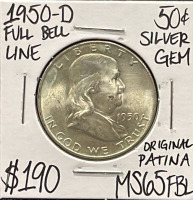 1950-D MS65FBL Full Bell Line Gem Silver Half Dollar Coin (Carded)
