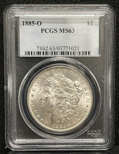 1885-O Morgan Silver Dollar W/ PCGS C.O.A. MS63 Graded And Carded