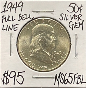 1949 MS65FBL Full Bell Line Gem Silver Half Dollar Coin (Carded)