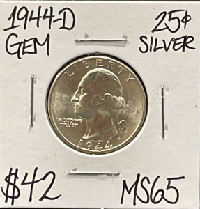 1944-D MS65 Gem Silver Washington Quarter Coin (Carded)