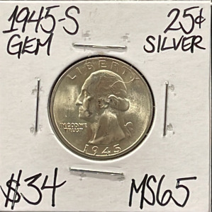 1945-S MS65 Gem Silver Washington Quarter Coin (Carded)