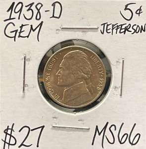 1938-D MS66 Gem Mint State Jefferson Nickel Coin (Carded)