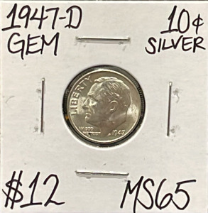 1947-D MS65 Gem Silver Dime Coin (Carded)