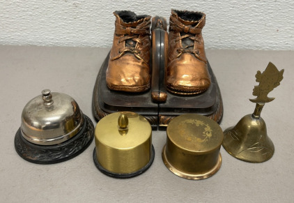 (1) Set Copper Shoes Bookends (2) Vintage Brass Stamp Rolls (1) Vintage Brass Bell (1) Desk Bell