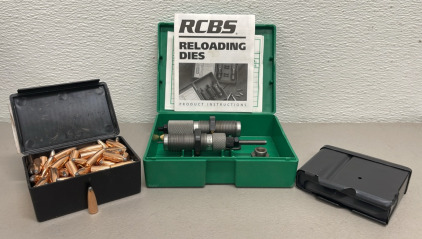 (1) Box Of Speer Hot-Cor 8mm .323 Dia. 170 Grain HCSS Bullets (For Reloading) (1) RCBS Reloading Die Set 325 (1) Remington 30-06 Rifle Magazine