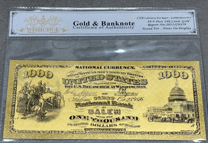 $1000.00 99.9 Pure 24k. Carat Gold Banknote W/ C.O.A. (Sleeved)