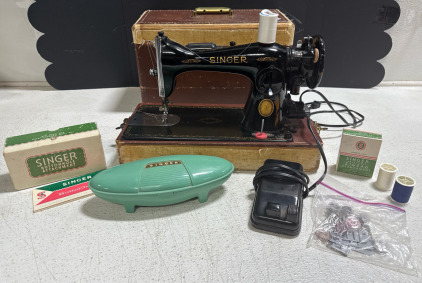 (1) Vintage Singer Sewing Machine Model 15-91 With Pedal, A Singer Buttonholer With Attachments