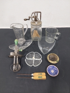 Vintage Dazey No. 20 Butter Churn (Still Turns), Vintage Hand Wisk, Vintage Thick Glass Measuring Cups (2), Assorted Decorative Glassware, Pepsi-Cola Skewers, Ashtrays