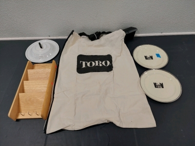 Toro Leaf Blower Vaccuum Bag (Unused) 27" x 22", (2) Porcelain Dinner Plates 9", Enamelware Lid w/ Handle 10", Wood Hanging Maile & Key Organizer 6&frac34;" x 14&frac12;"