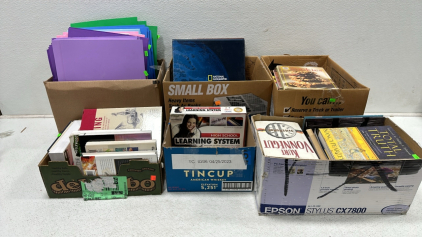 (4) Boxes of Various Books/Cookbooks, Assortment of Multi-Color Foam Sheets, High School Learning System, (4) Various DVDs