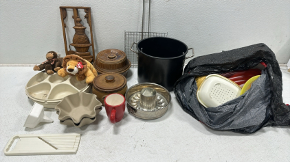 Large Cooking Pot, (2) Thick Ceramic Cookware, Carved Wooden Hanging Wall Decoration, (2) Wavy Ceramic Bowls, (1) Coffe Mug, (1) Bunt Pan, (1) Plastic Party Tray, and more