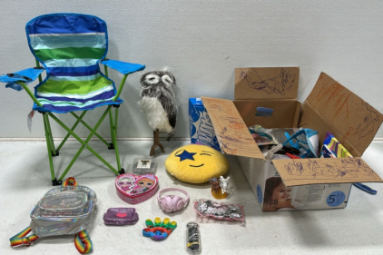 Kids Folding Camping Chair, Fake Owl Standind Decoration, (2) Kids Puzzles, Star Emoji Plush, JVC Gummy Earbuds, Pink Kids Headphones, Small Clear Kids Backpack, and Much More!