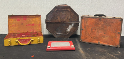 (1) Hilti DX 100L Piston Nail Drive Tool Hilti Fastening Systems in Case (1) Vintage Goldberg Bros. Shipping Canister Case (1) Vintage Breifcase (1) Vintage Ohio Art Etch A Sketch