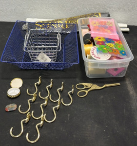 (2) Baskets (9) Hooks (1) Pair of Scissors (5) Decor Pieces (1) Container of Ribbon & Other Decoration Items