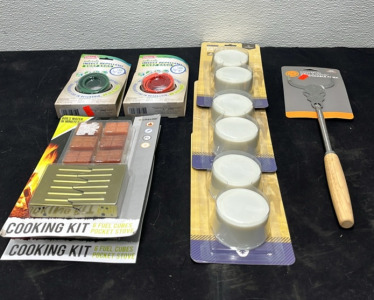(2) Cooking Kits (2) Insect Repelent Snap Bands (3) Collapsable Drink Cups (1) Cowskull Grill Fork