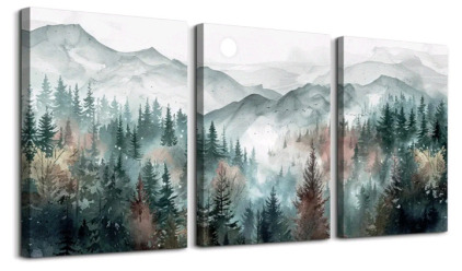 (1) 3-Panel Canvas Wall Art Print, Misty Forest / Scenic Mountains, 60"L X 28"H