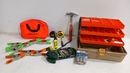 (31) Workshop & Outdoor Essentials - (9) Spring Clamps (1) First Aid Kit (2) Tape Measures (1) Streamlight Flashlight (1) Screwdriver (1) Yard Master Cord (1) Pet Waste Bags (1) Heavy Hitter Hammer (1) Fishing Tackle Box w/ Contents
