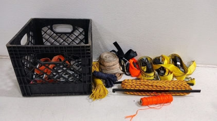(16) Assorted Tie Down & Utility Gear - (5) Ratchet Straps (4) Utility Straps (1) Tow Strap (3) Carabiners (2) Rope Bundles (1) Crate