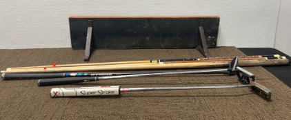 (1) Wooden Shelf (3) Golf Clubs (3) Pool Sticks
