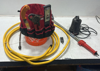 (1) Bucket w/ Tools & Husky Tool Storage (1) Flexible Fuel/Gas Tubing (1) Redlion Pump (1) Rigid Sewage Tool