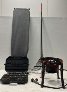 (1) Toolcase w/ Assorted Sockets (1) Rake (1) Ironing Board (1) Propane Fire Pit