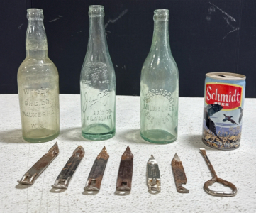 (4) Vintage Beer Bottles & (7) Beer/Can Openers
