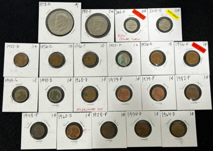 (1) One Dollar Coin- 1978-D (1) Half Dollar Coin- 1991-D (2) Dimes- 2010-D & 2013-D (17) Pennies 1928-1982