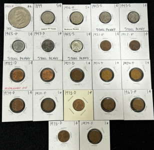 (1) One Dollar Coin 1977-P (2) Liberty &ldquo;V&rdquo; Nickel- 1899 & Buffalo Nickel 1936-P (5) Steel Pennies 1943-S (14) Pennies 1913-1982