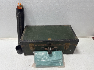 (1) Horn Luggage Vintage Storage Case (1) Alvin Plastic Container Filled With Bows & (1) Green Tarp Unknown Size