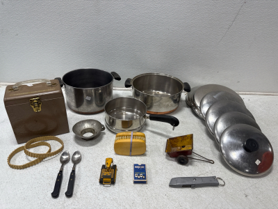 Assorted Pots With Lids, (1) Brown Small Tool Box, (1) Box Cutter Knife And Assorted Trinkets