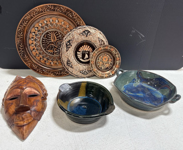 (3) Copper Plates (1) Copper And Wood Mask Home Decor & (2) Pottery Kitchenware Dishes