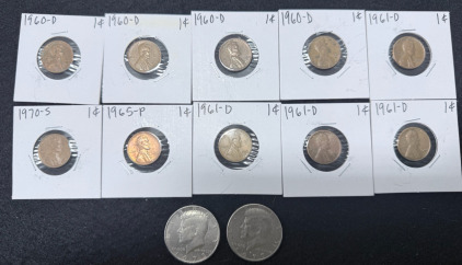 (2) Half Dollar Coins 1973&1977 (10) Pennies 1960-1970