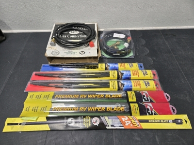 (2) Propane Hose Kits (One Missing Valve), (2) 26" Wiper Blades, (2) 24" Wiper Blades, (1) 22" Wiper Blade, (1) 24" Screen Shot