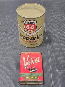 Vintage Phillips 66 Trop-Artic 1 Quart Motor Oil Can (Unopened), Vintage Velvet Tobacco Can