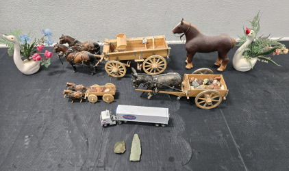 Assorted Vintage Horse & Wagon Decor, Decorative Pebbles, Faux Swan Flowers, H.F. Campbell & Sons Toy Truck, & Arrowheads