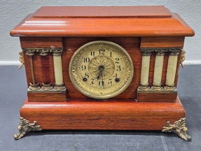 Antique Wood & Brass Seth Thomas Mantle Clock - Circa Early 1900s - 15&frac14;"L x 5&frac12;"D x 11&frac12;"H