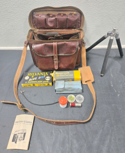Vintage Leather "The Gadg-It Bag" Camera Bag for Kodak Retina IIa Camera w/ Vintage Camera Accessories