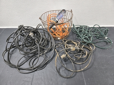 (4) Assorted Size Extension Cables & Vintage Metal Wire Basket