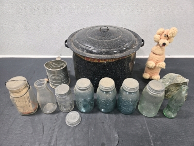 Vintage Can-Well Black Speckled Enamel Canning Pot w/ Lid, Assorted Vintage Ball Mason Jars, & More!