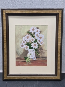 Hand-Painted Acrylic Painting of Potted Flowers in Wood Frame Entitled "Happy Daisies" - 19&frac12;" x 23⅜"