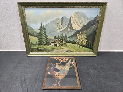 Large Print of Painting Entitled "P. Kaiser-Alpine Scene" in Wood Frame - 37&frac34;" x 26", Wood Framed print of two Ring-necked Pheasants by Lynn Bogue Hunt - 13⅝" x 17⅛"