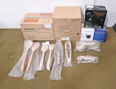 (1) Dezin 1.6L / 600W Crock Pot, (1) 32-Piece Plastic Dinnerware set, (1) 8-Piece Bakken Kitchen Utencil Set, (1) Matcha Tea Set, & (1) 2-Pack Of Double Wall Espresso Cups